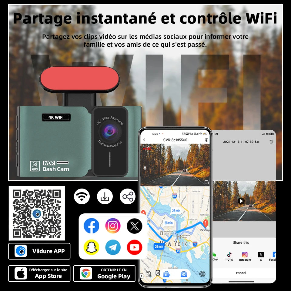 Caméra de tableau de bord 4K Ultra haute définition, Support de vitesse, affichage réel, enregistrement en boucle en option, caméra arrière 2.5K, enregistreur de conduite