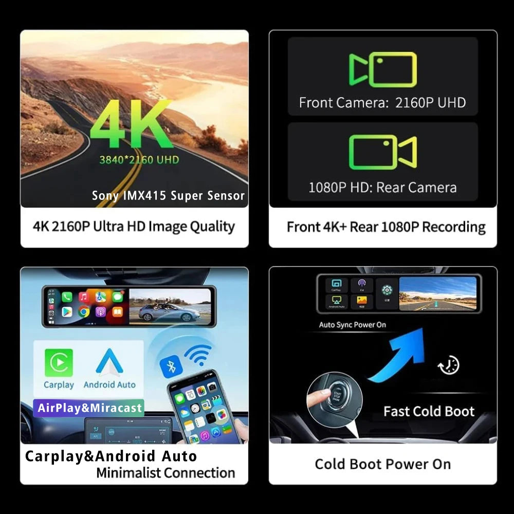 Carplay Android Auto Dash Cam GPS WIFI BT  11 " 4K 2160P voiture Dvr