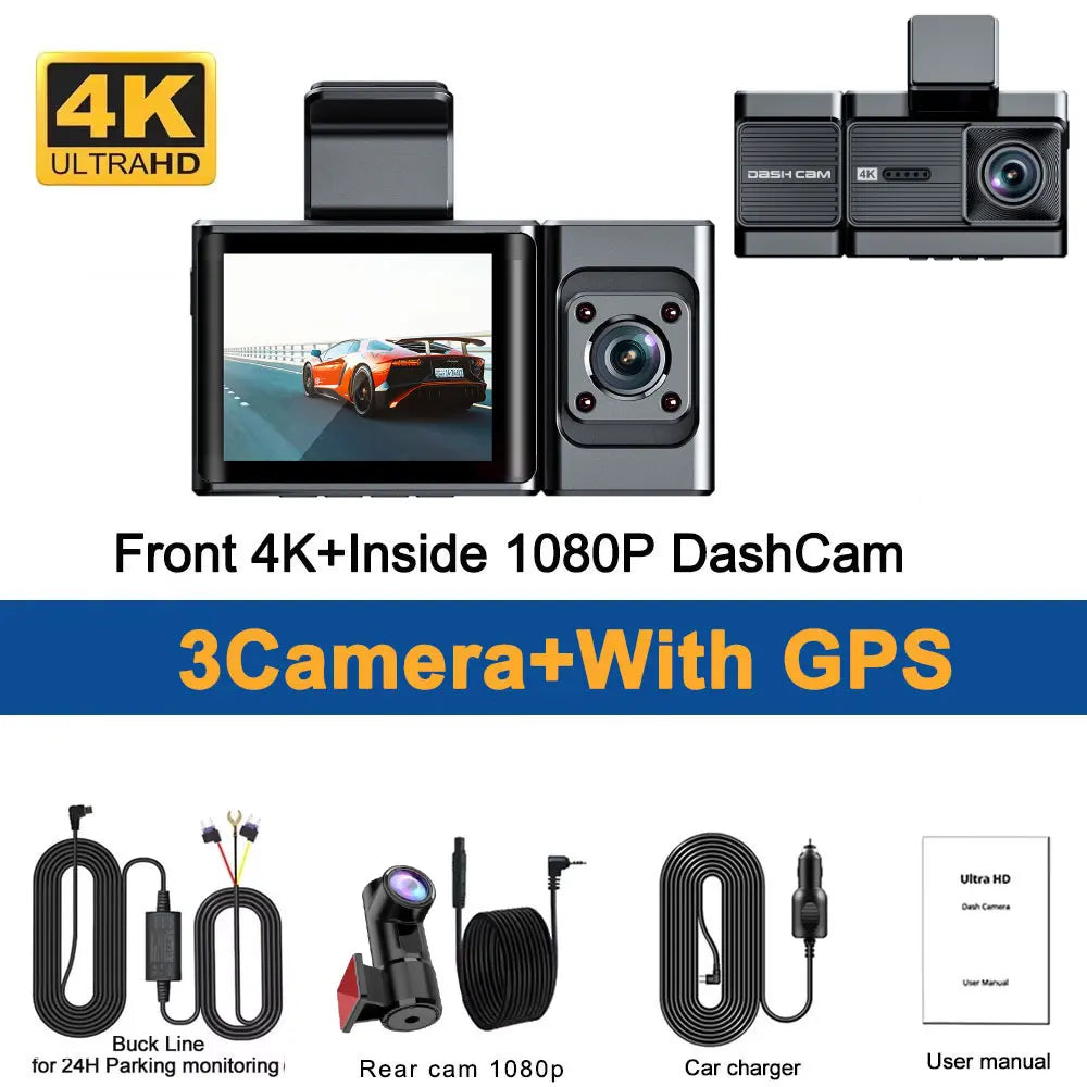 Caméra de tableau de bord 4K UHD, 3 canaux,Wi-Fi intégrée, GPS