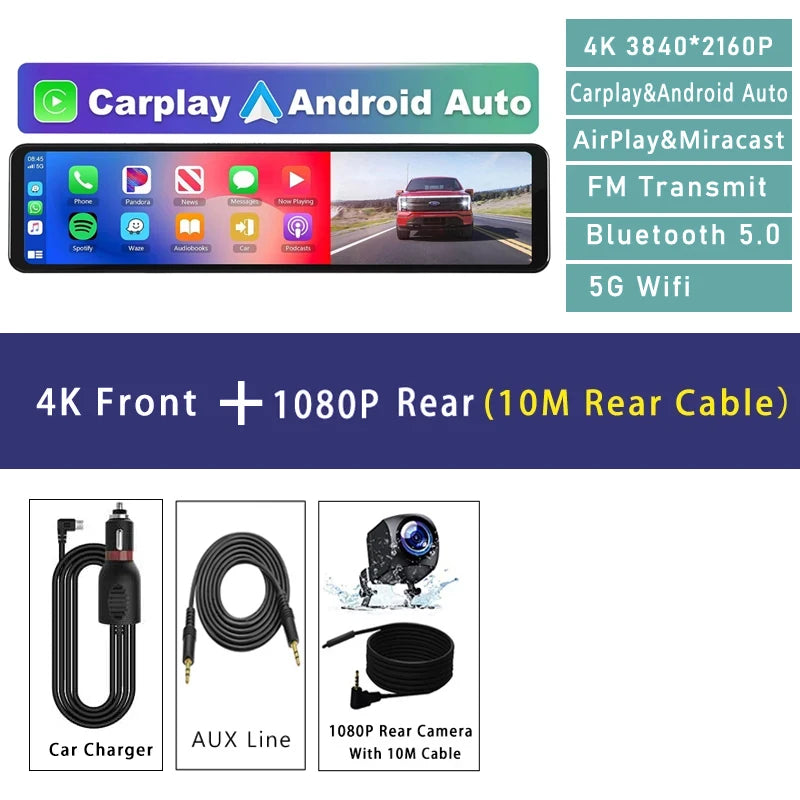 Carplay Android Auto Dash Cam GPS WIFI BT  11 " 4K 2160P voiture Dvr