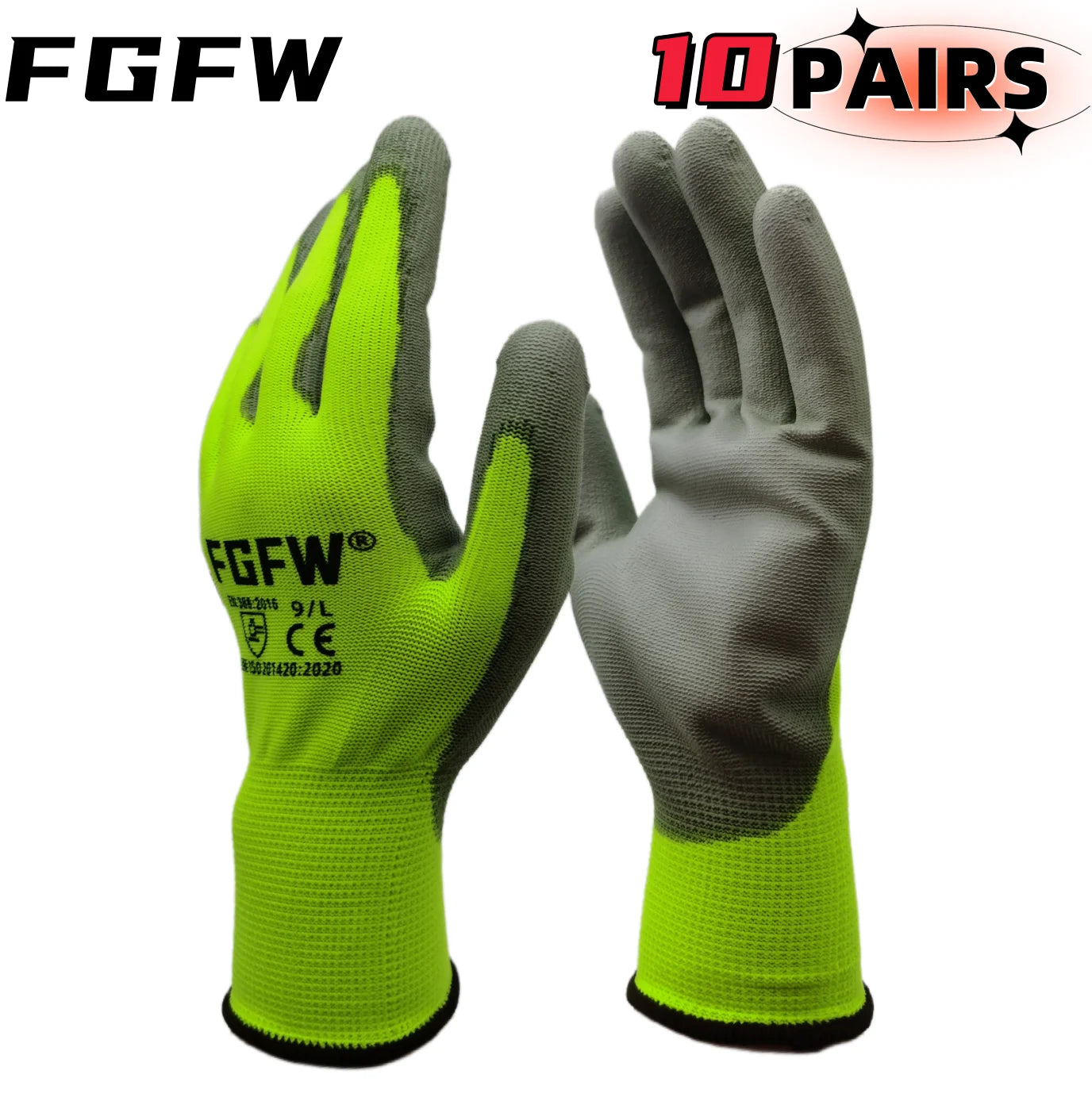 10 paires de gants de travail enduits de PU – certifiés SO20471,