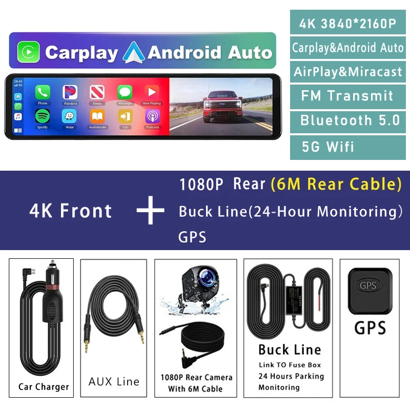 Carplay Android Auto Dash Cam GPS WIFI BT  11 " 4K 2160P voiture Dvr