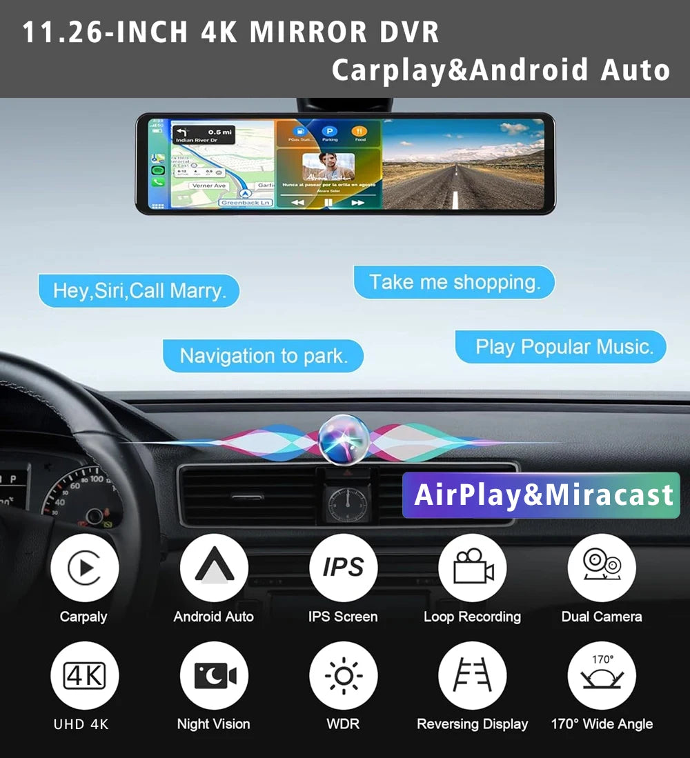 Carplay Android Auto Dash Cam GPS WIFI BT  11 " 4K 2160P voiture Dvr