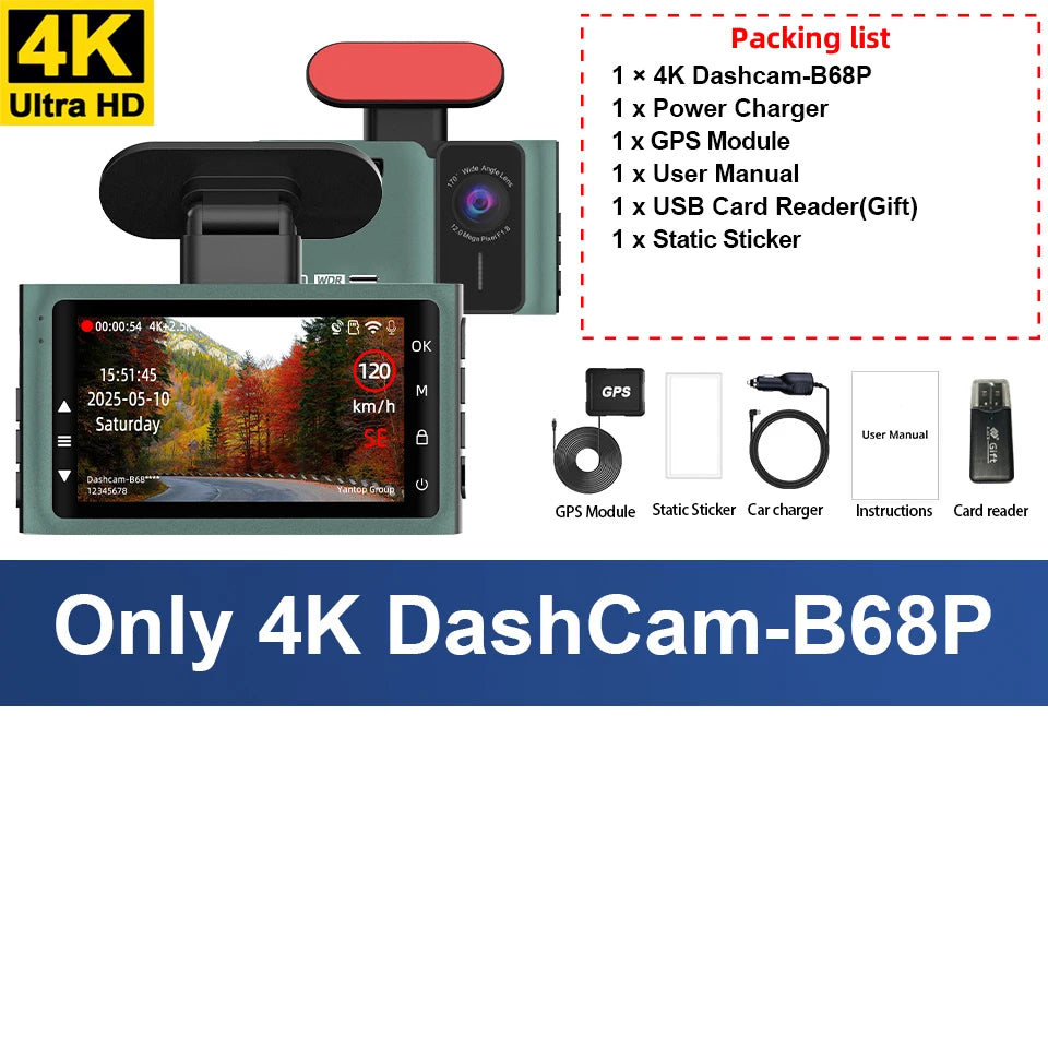 Caméra de tableau de bord 4K Ultra haute définition, Support de vitesse, affichage réel, enregistrement en boucle en option, caméra arrière 2.5K, enregistreur de conduite