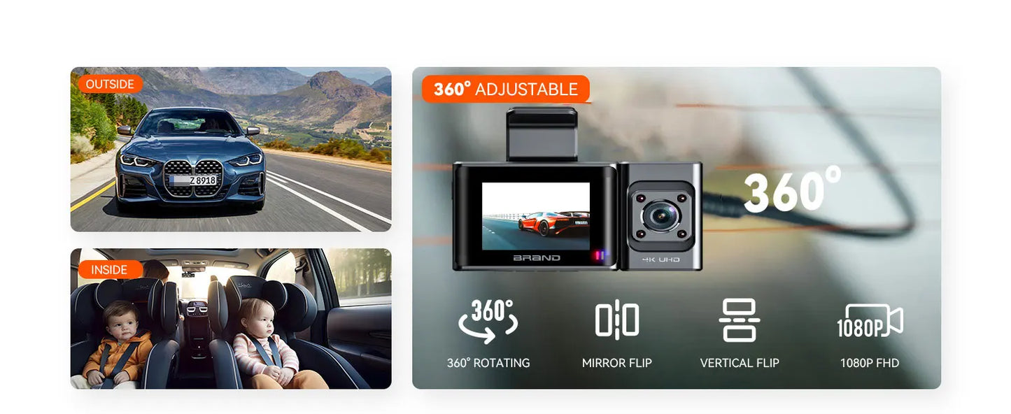 Caméra de tableau de bord 4K UHD, 3 canaux,Wi-Fi intégrée, GPS