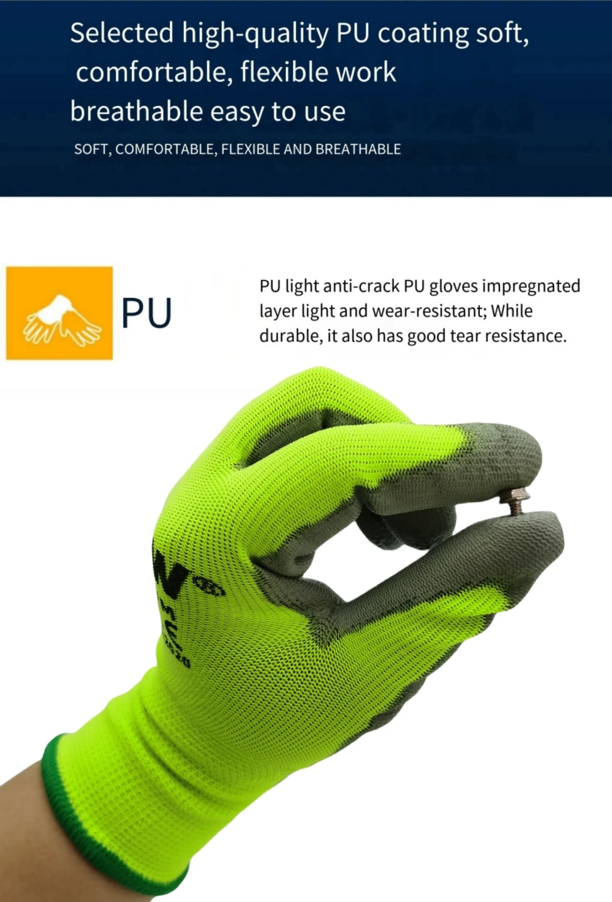 10 paires de gants de travail enduits de PU – certifiés SO20471,