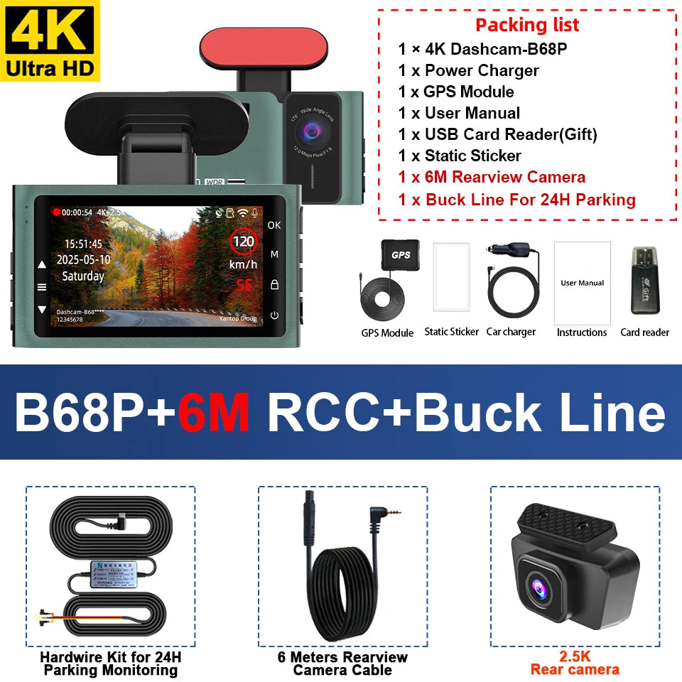Caméra de tableau de bord 4K Ultra haute définition, Support de vitesse, affichage réel, enregistrement en boucle en option, caméra arrière 2.5K, enregistreur de conduite