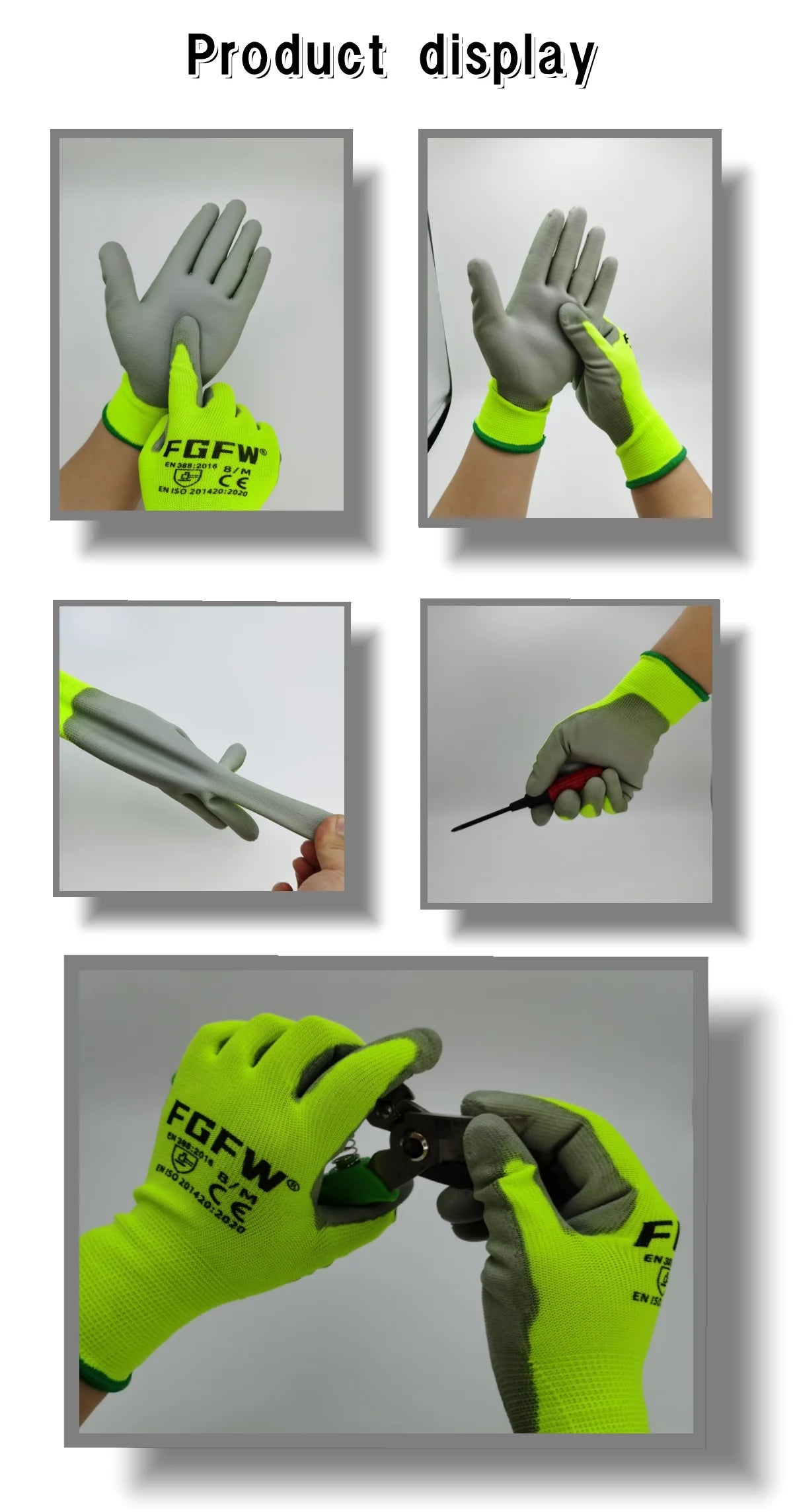 10 paires de gants de travail enduits de PU – certifiés SO20471,