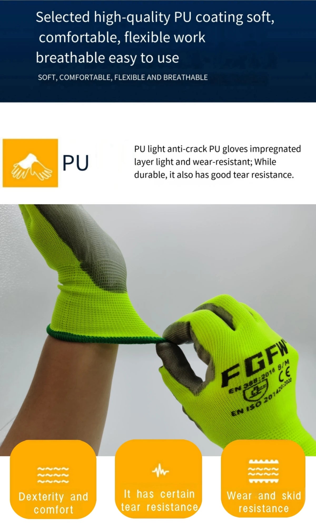 10 paires de gants de travail enduits de PU – certifiés SO20471,