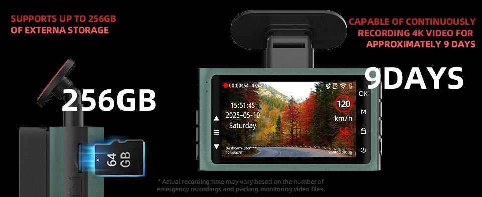 Caméra de tableau de bord 4K Ultra haute définition, Support de vitesse, affichage réel, enregistrement en boucle en option, caméra arrière 2.5K, enregistreur de conduite
