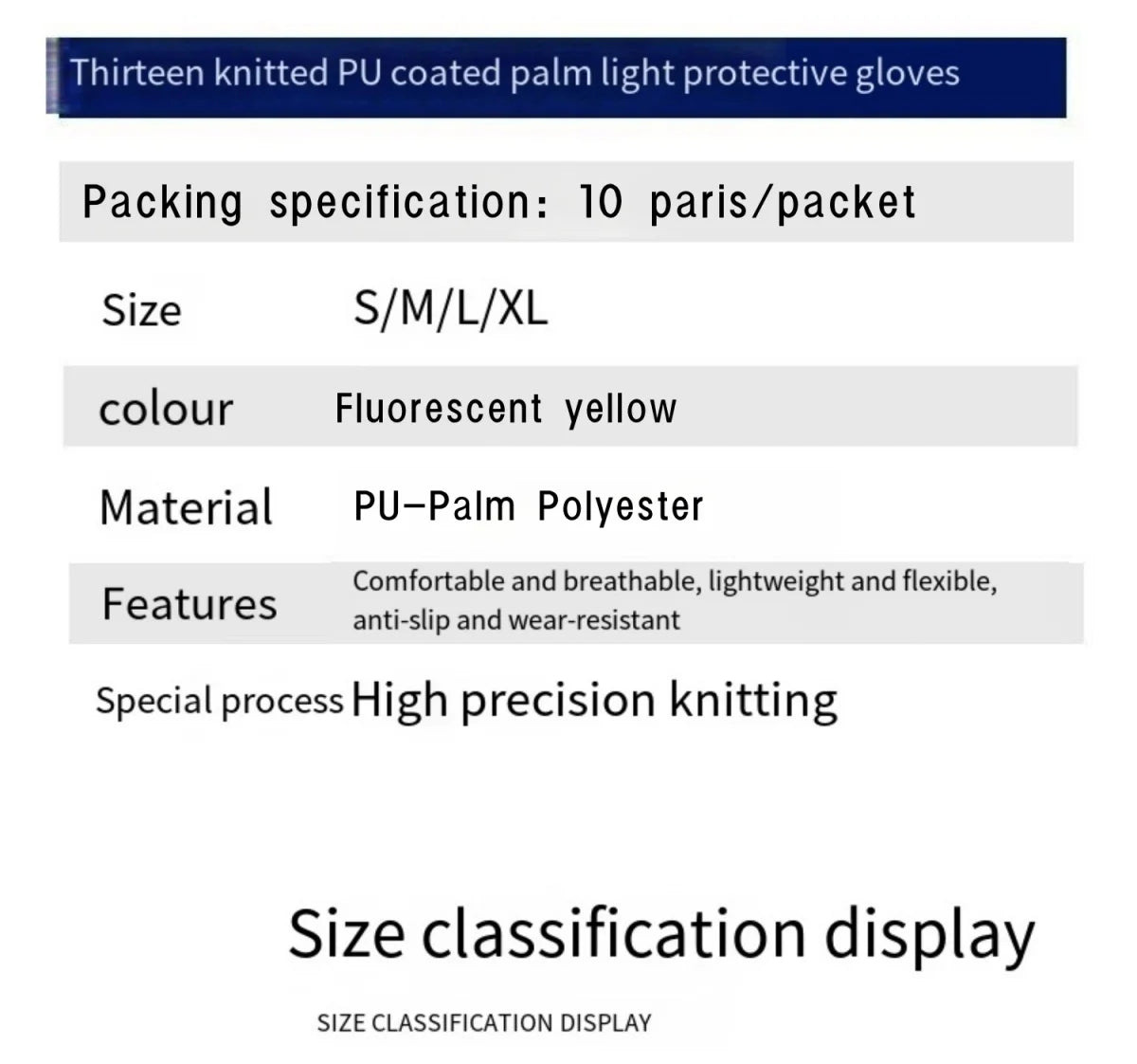 10 paires de gants de travail enduits de PU – certifiés SO20471,