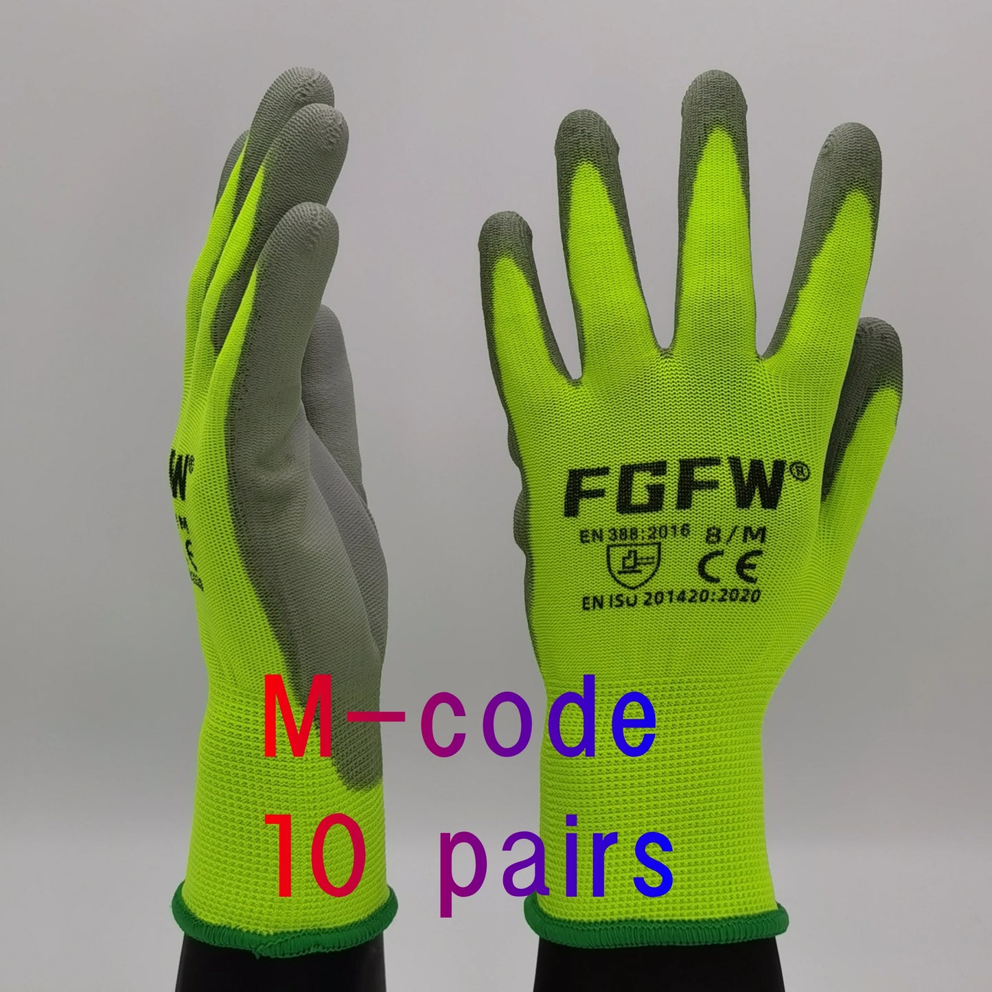 10 paires de gants de travail enduits de PU – certifiés SO20471,