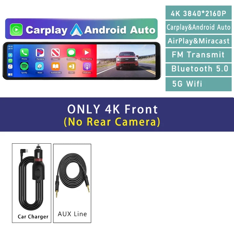 Carplay Android Auto Dash Cam GPS WIFI BT  11 " 4K 2160P voiture Dvr