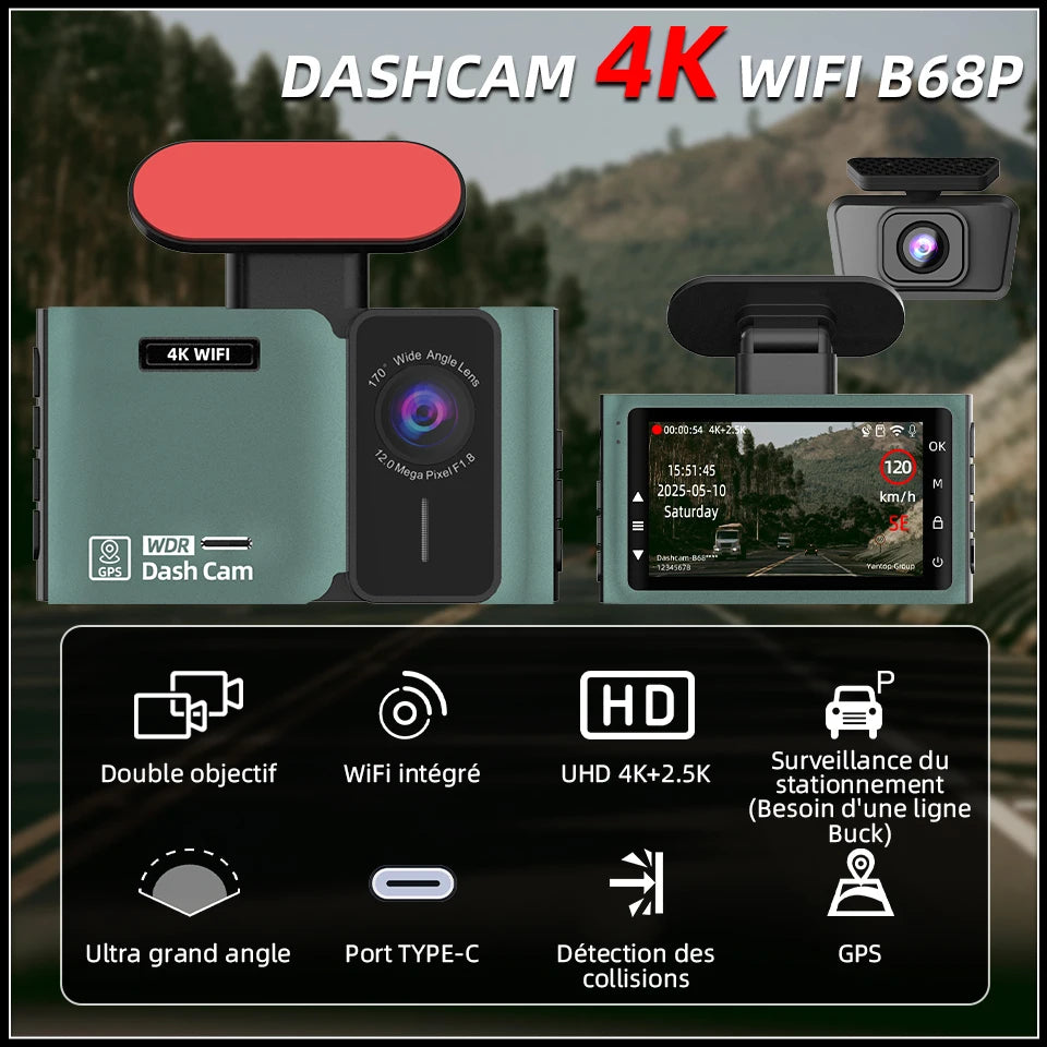 Caméra de tableau de bord 4K Ultra haute définition, Support de vitesse, affichage réel, enregistrement en boucle en option, caméra arrière 2.5K, enregistreur de conduite