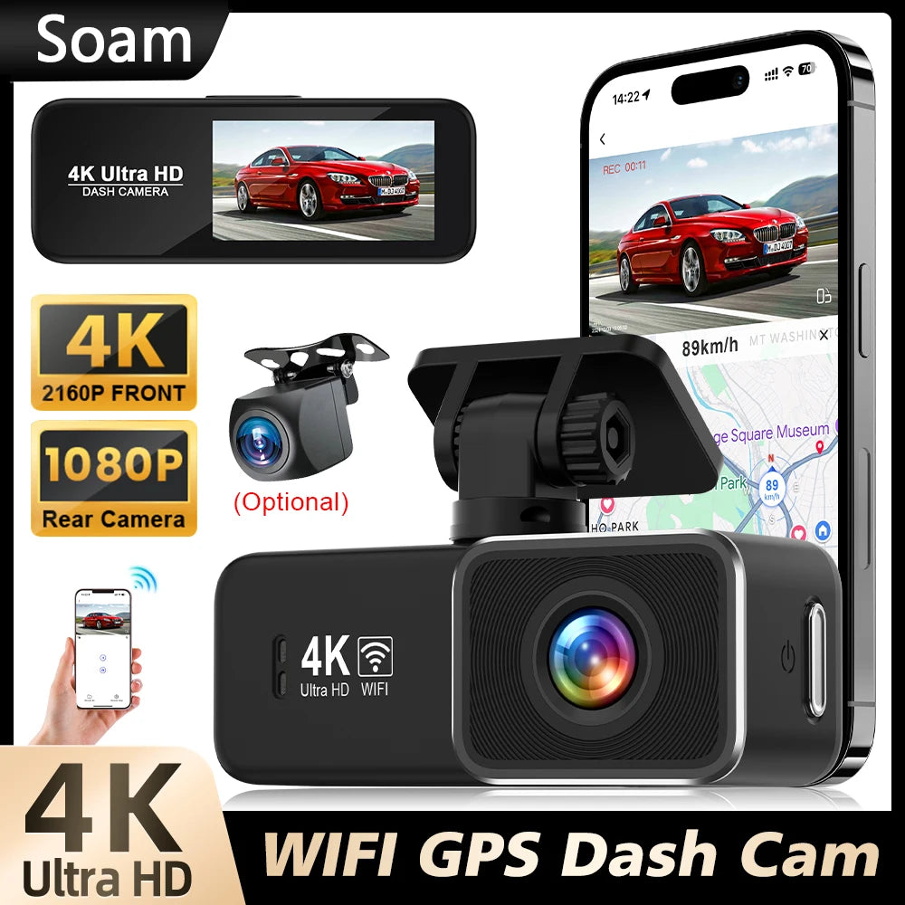 Dash Cam Front 4K WiFi Dashcam contrôle par application intelligente