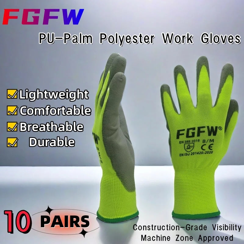 10 paires de gants de travail enduits de PU – certifiés SO20471,