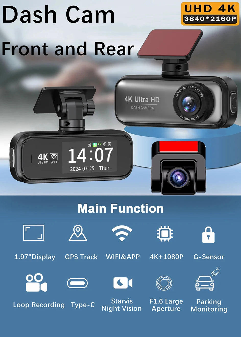Mini DashCam 4K voiture vidéo  caméra arrière WIFI GPS