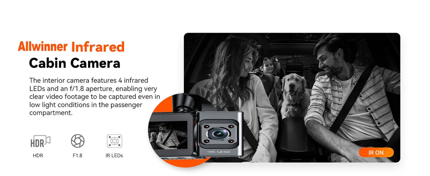 Caméra de tableau de bord 4K UHD, 3 canaux,Wi-Fi intégrée, GPS