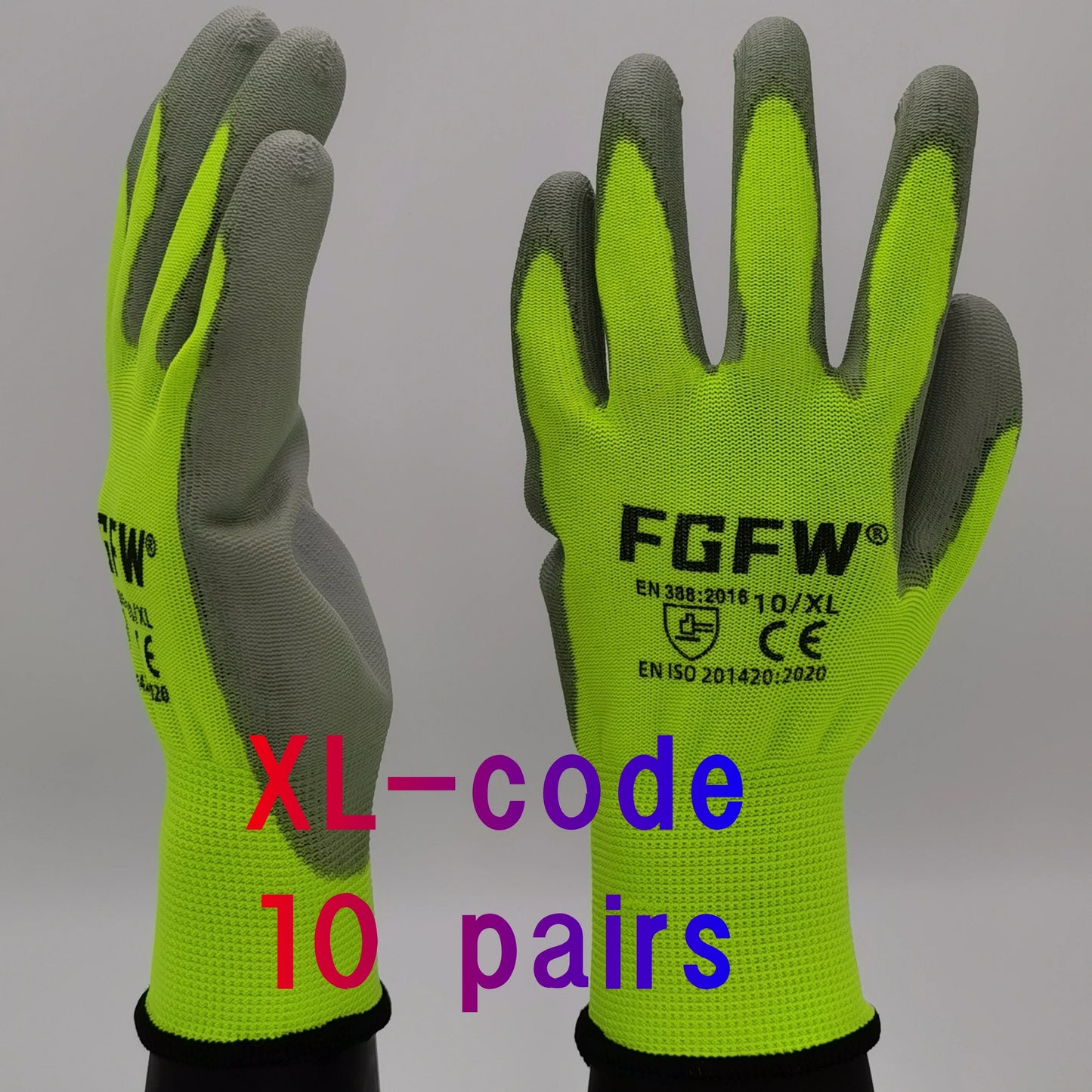 10 paires de gants de travail enduits de PU – certifiés SO20471,