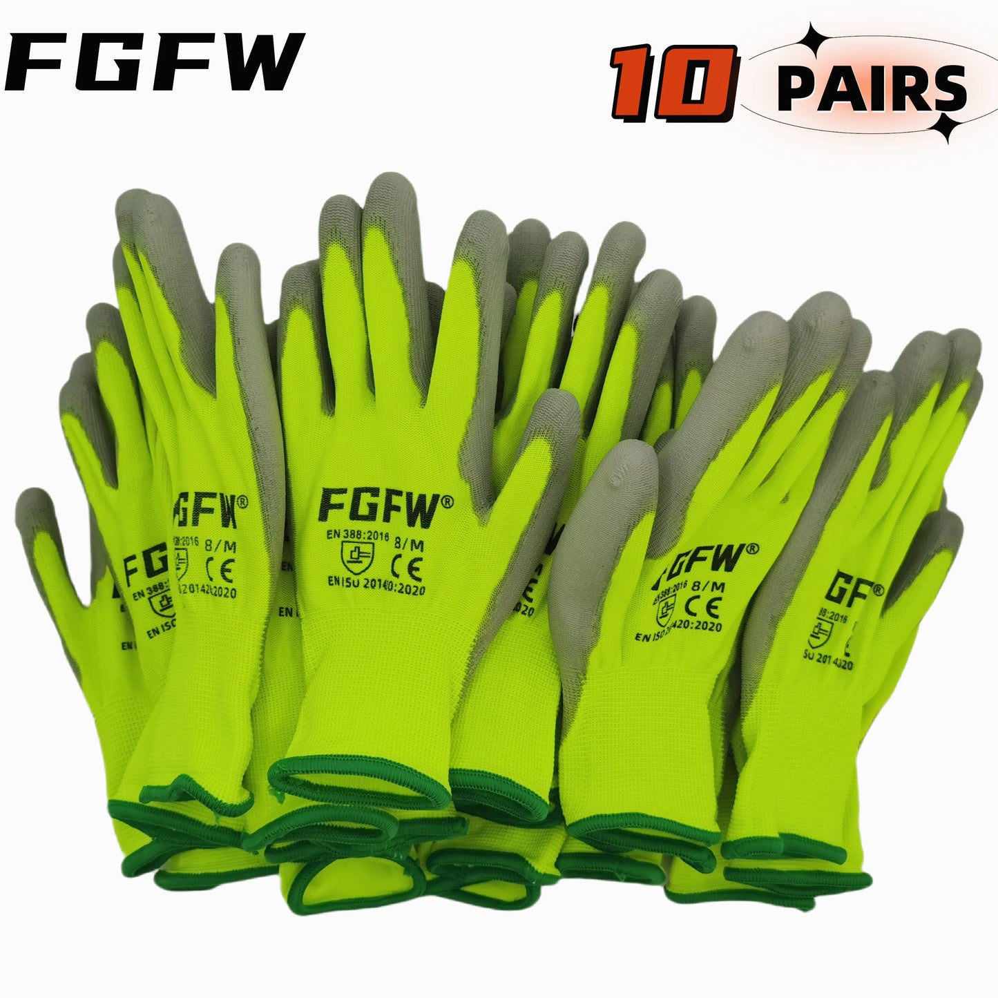10 paires de gants de travail enduits de PU – certifiés SO20471,
