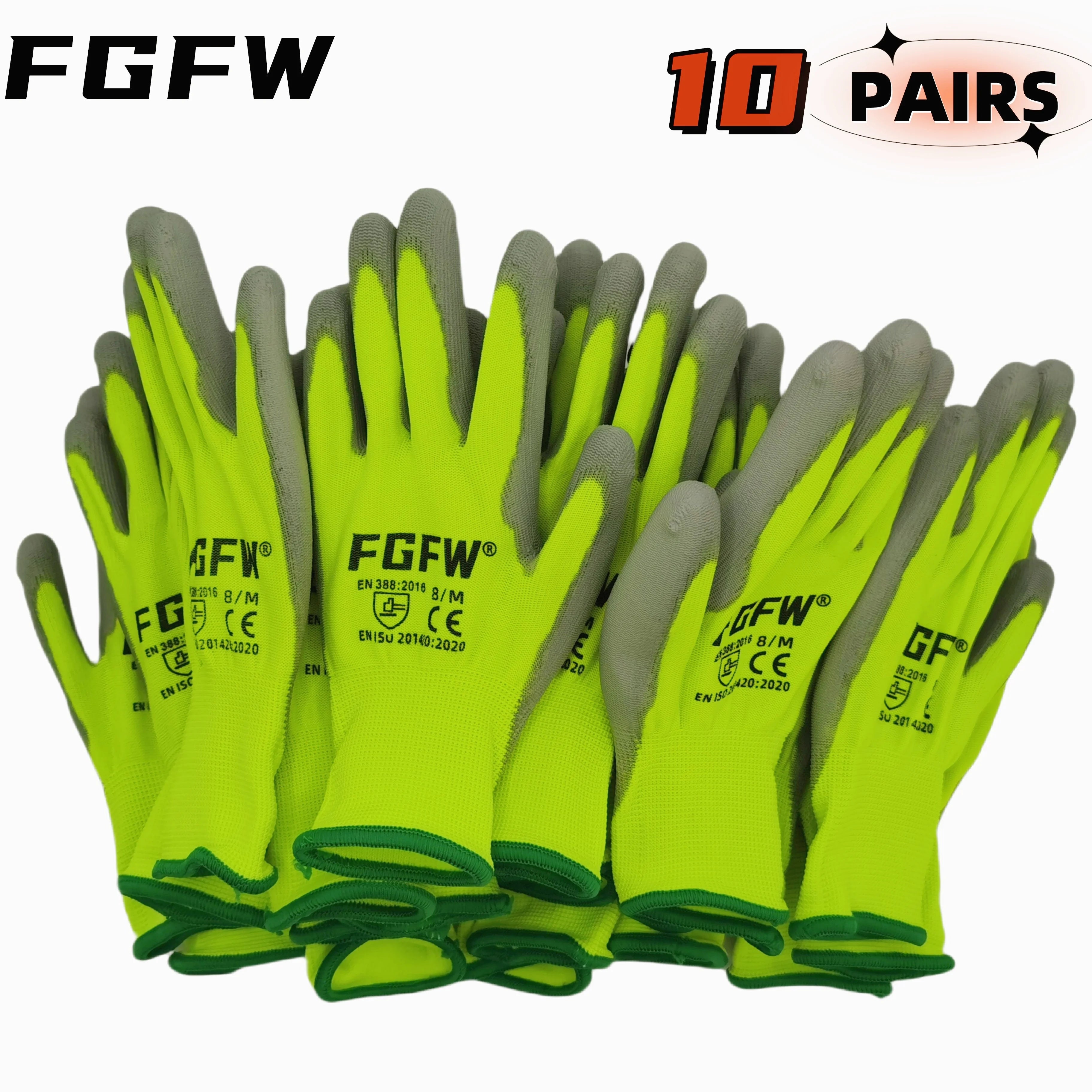 10 paires de gants de travail enduits de PU – certifiés SO20471,