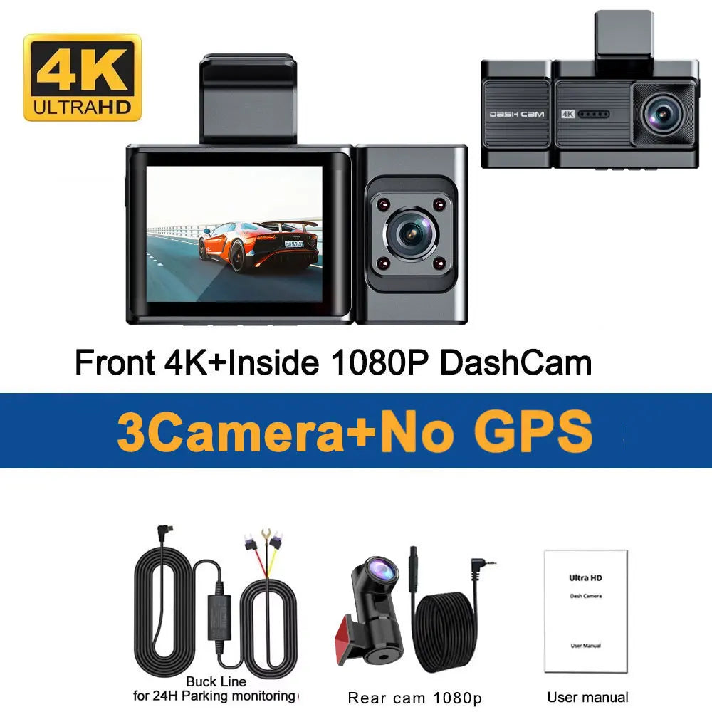Caméra de tableau de bord 4K UHD, 3 canaux,Wi-Fi intégrée, GPS