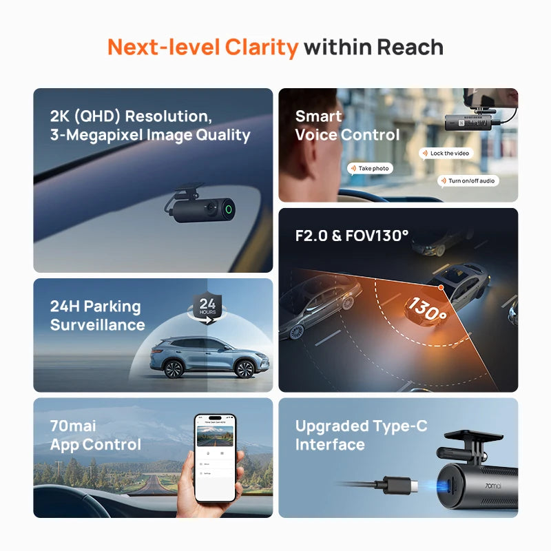Caméra de tableau de bord  1 130 ° FOV Smart Voice Control Support Parking