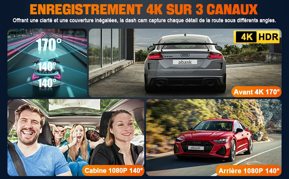 Caméra de tableau de bord 4K UHD, 3 canaux,Wi-Fi intégrée, GPS