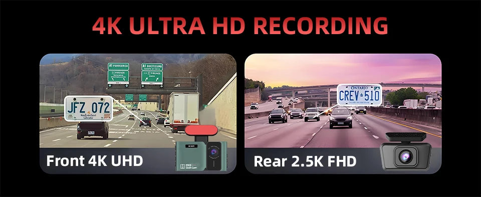 Caméra de tableau de bord 4K Ultra haute définition, Support de vitesse, affichage réel, enregistrement en boucle en option, caméra arrière 2.5K, enregistreur de conduite