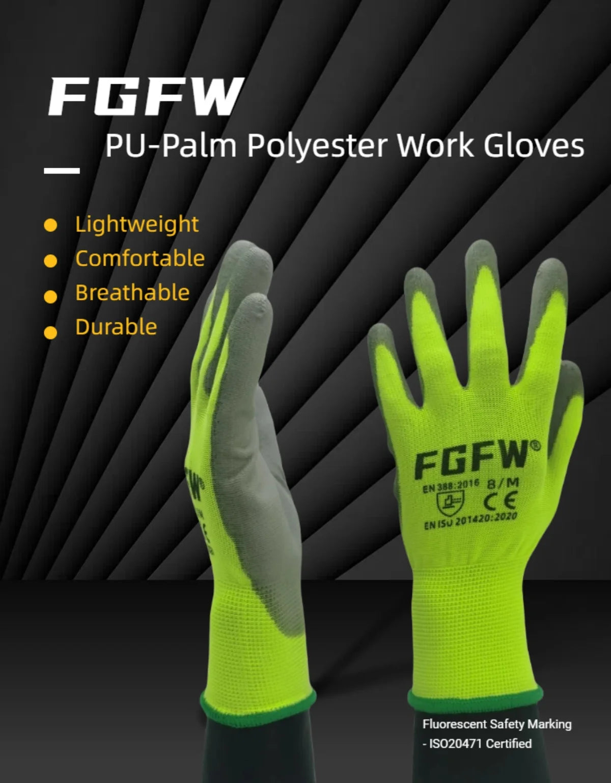 10 paires de gants de travail enduits de PU – certifiés SO20471,