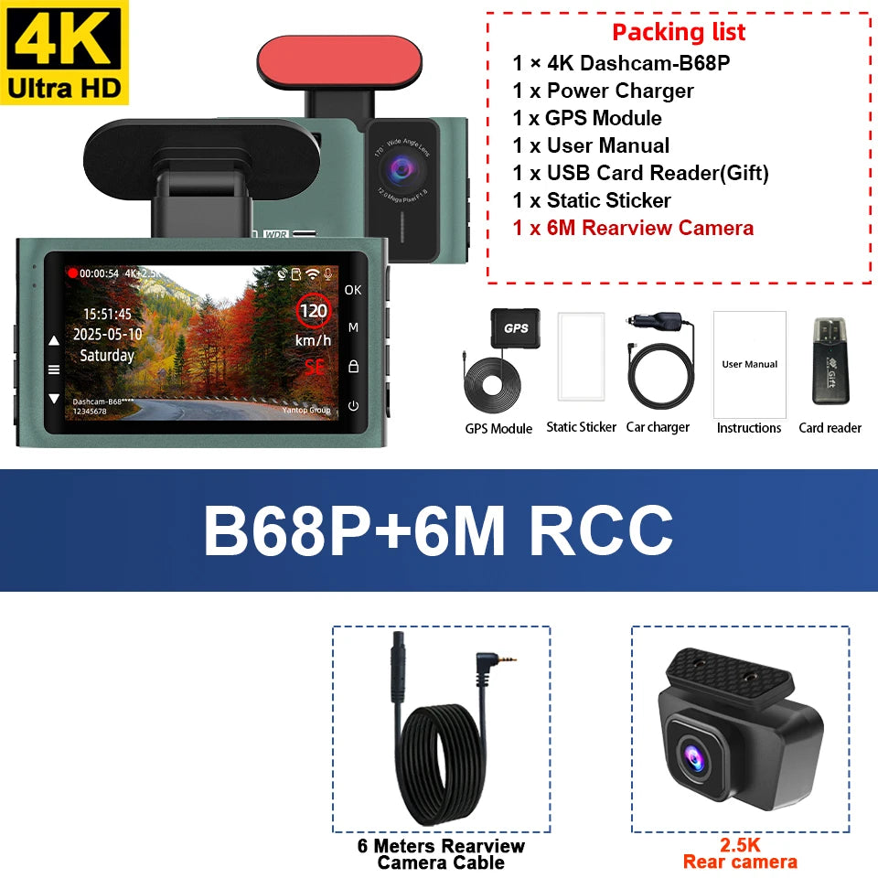 Caméra de tableau de bord 4K Ultra haute définition, Support de vitesse, affichage réel, enregistrement en boucle en option, caméra arrière 2.5K, enregistreur de conduite