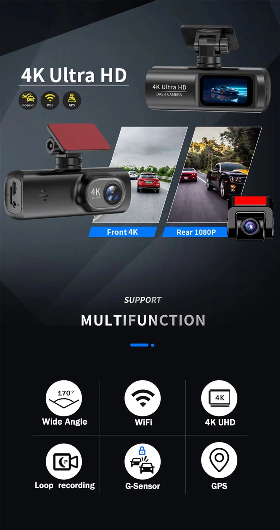 E-ACE caméra Prada UHD 4K avec GPS WiFi vision nocturne 24h boucle de stationnement touristes canal statique 4K avant et 1080P arrière lentille touristes